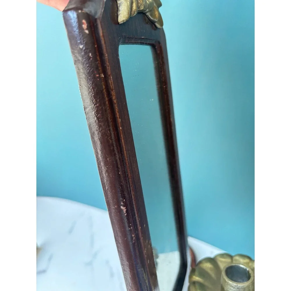 Vintage Metal Faux Wood Brass Mirror Wall Sconce Pair Floral Candle Holder Set